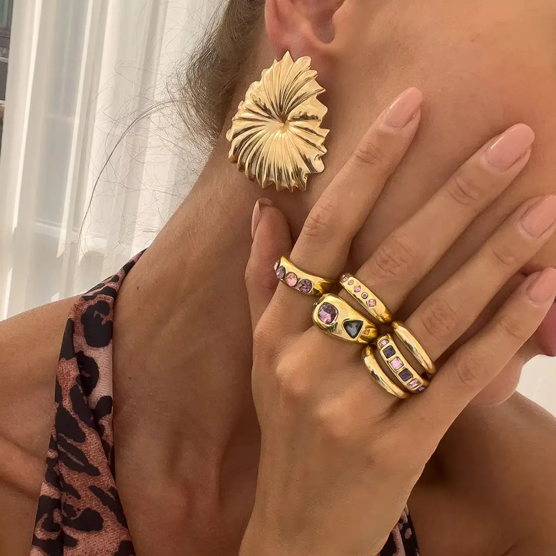 SHIXIN 6Pcs Inlaid Purple Rhinestone Open Ring Set for Women Elegant Smooth Gold Color Adjustable Ring Daily Jewelry Accessories