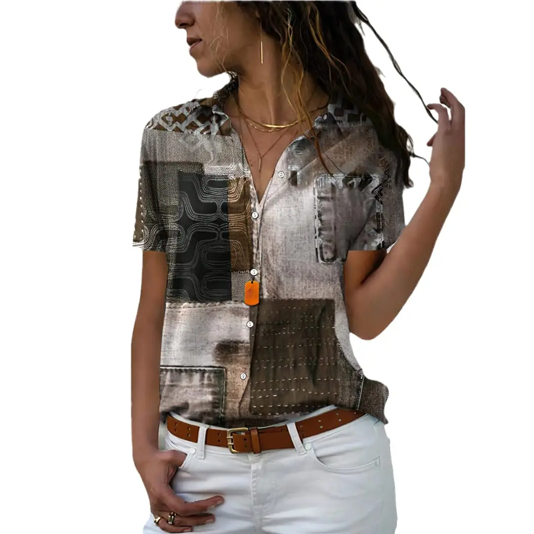 Summer Fashion Women's Stitching Retro Print Short Sleeve Lapel Casual Button Shirt Tops Women's Hawaiian Shirt