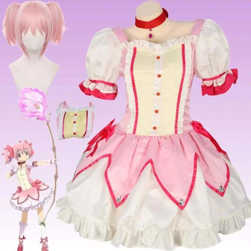

Kaname Madoka Cosplay Costumes Anime Magic Girl Pink Princess Dress Gloves Puff sleeve Double ponytail Goddess High heel shoes