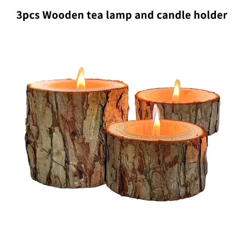 3pcs Nordic Style Wooden Candlestick Base For Bedroom, Room Candle Decoration, Home Use, Tree Stump Candlestick Ornament