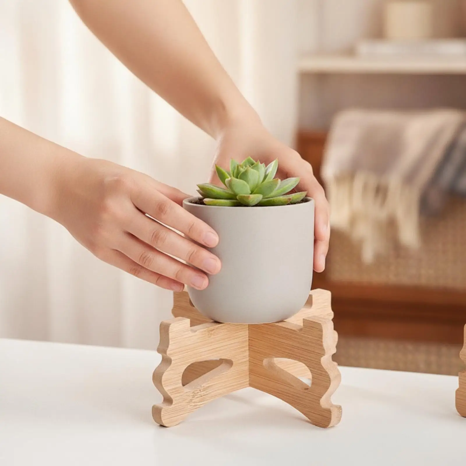 Bamboo Plant-Pot Stand Wooden Bamboo Riser with Cross-Panel Construction Round Wood Display Risers Sturdy Wood Plant Stands