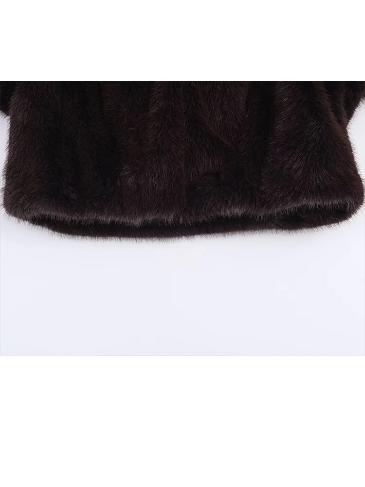 Hh feminino inverno quente casual efeito de pele artificial gola redonda curto topo feminino botão escondido meia manga moda sólida topo