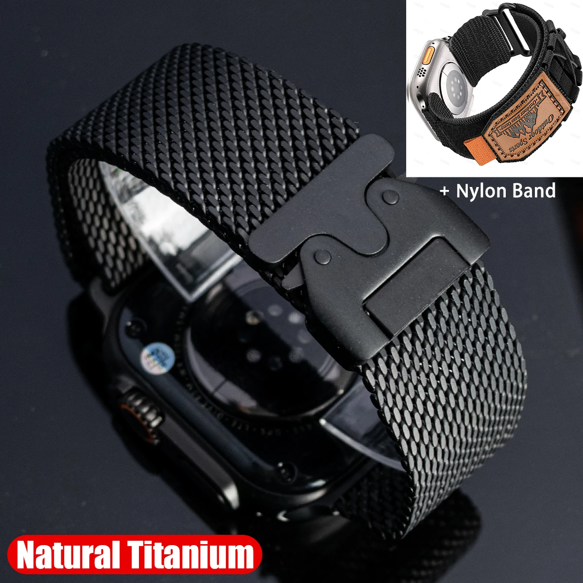 Titanarmband für Apple Watch Ultra 4/3/2 49mm iWatch Series 12 11 10 9 8 Natürliches Titan Milanese Loop Armband mit Fallschirmschnalle