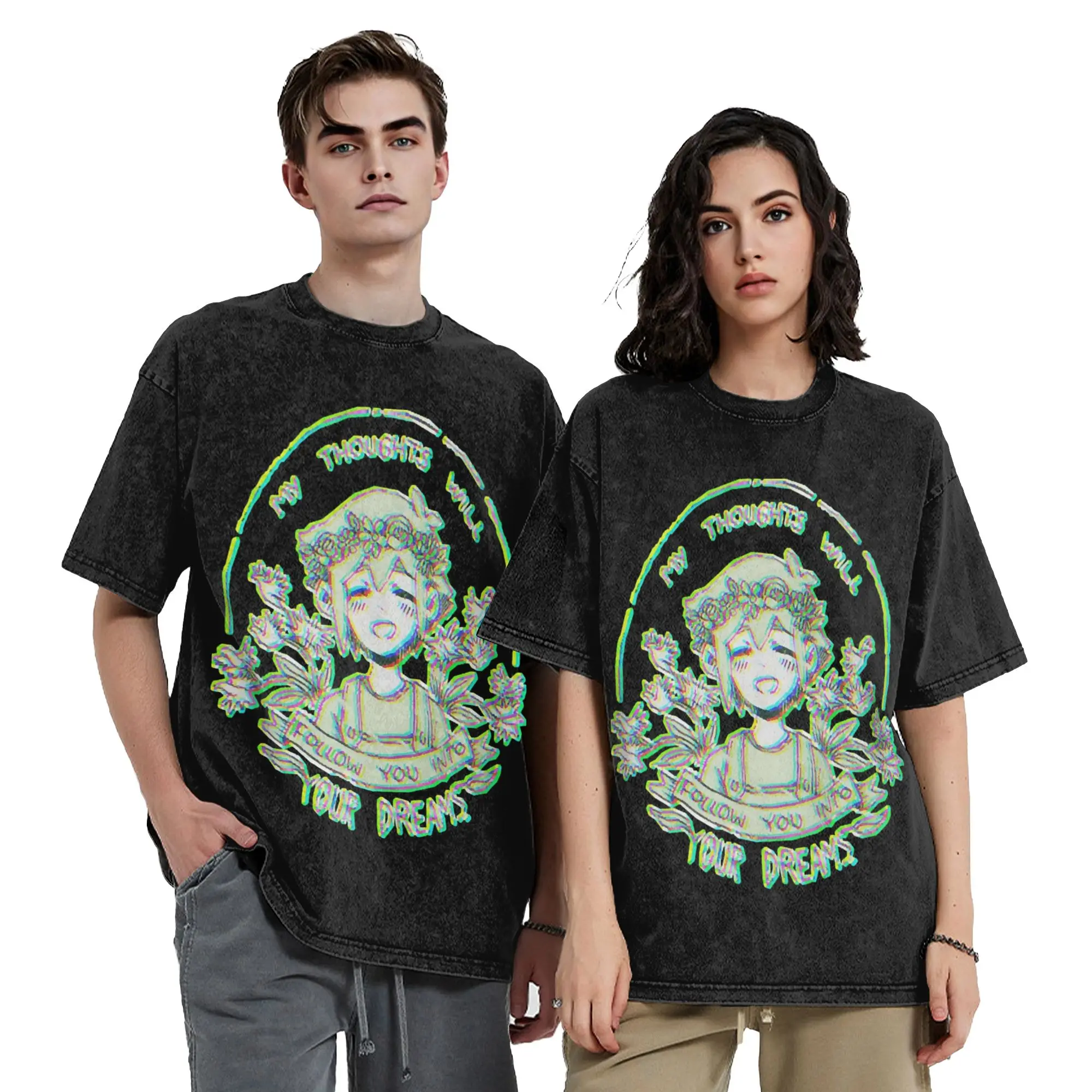 Washed T Shirts Omori My Thoughts Will Follow You Into Your Dreams Basil Hip Hop T-Shirt Street  Streetwear Tee Shirt for Men