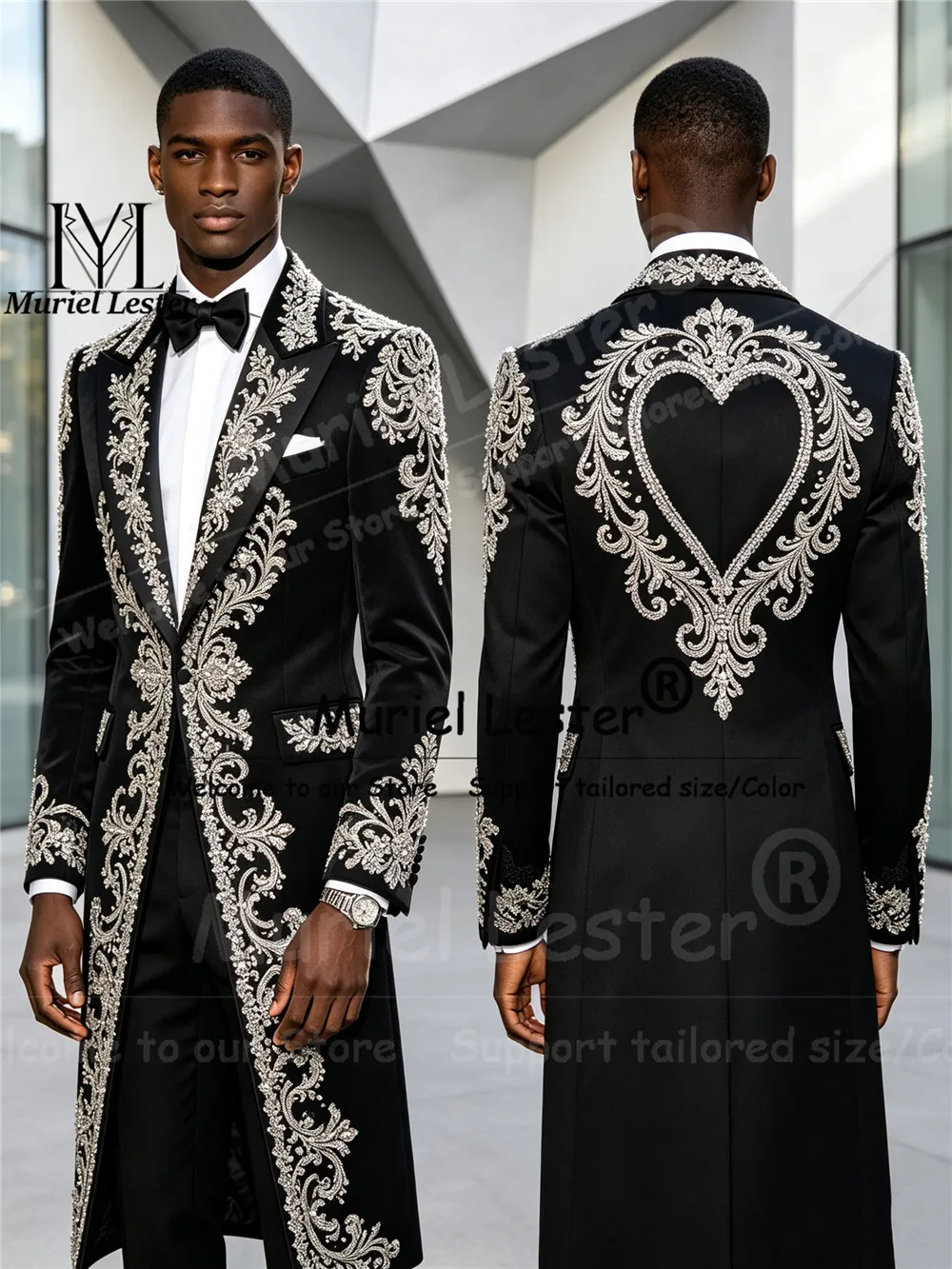 Luxury Long Suit Men Formal Party Tuxedo Customized Beadwork Rhinestone Sequin Prom Blazer Set Groom Wedding Attire Male Outfit