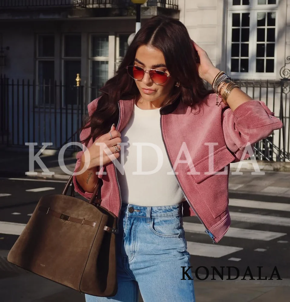 KONDALA Trendige Cordjacke mit Reißverschluss für Damen High-Street-Jacke mit Taschen Neue 2026 Frühling Herbst Mode Elegante Lässige Damenjacke