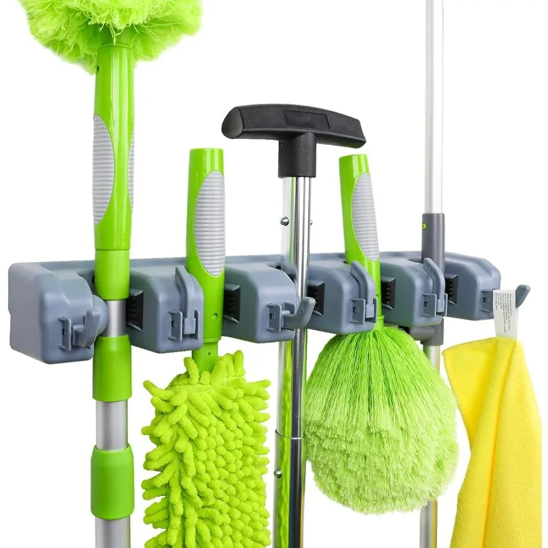 wall-mount-storage-broom-mop-holder-or-tool-organizer-with-hooks-and-slots-for-home-garage-garden-laundry-or-kitchen，-gray