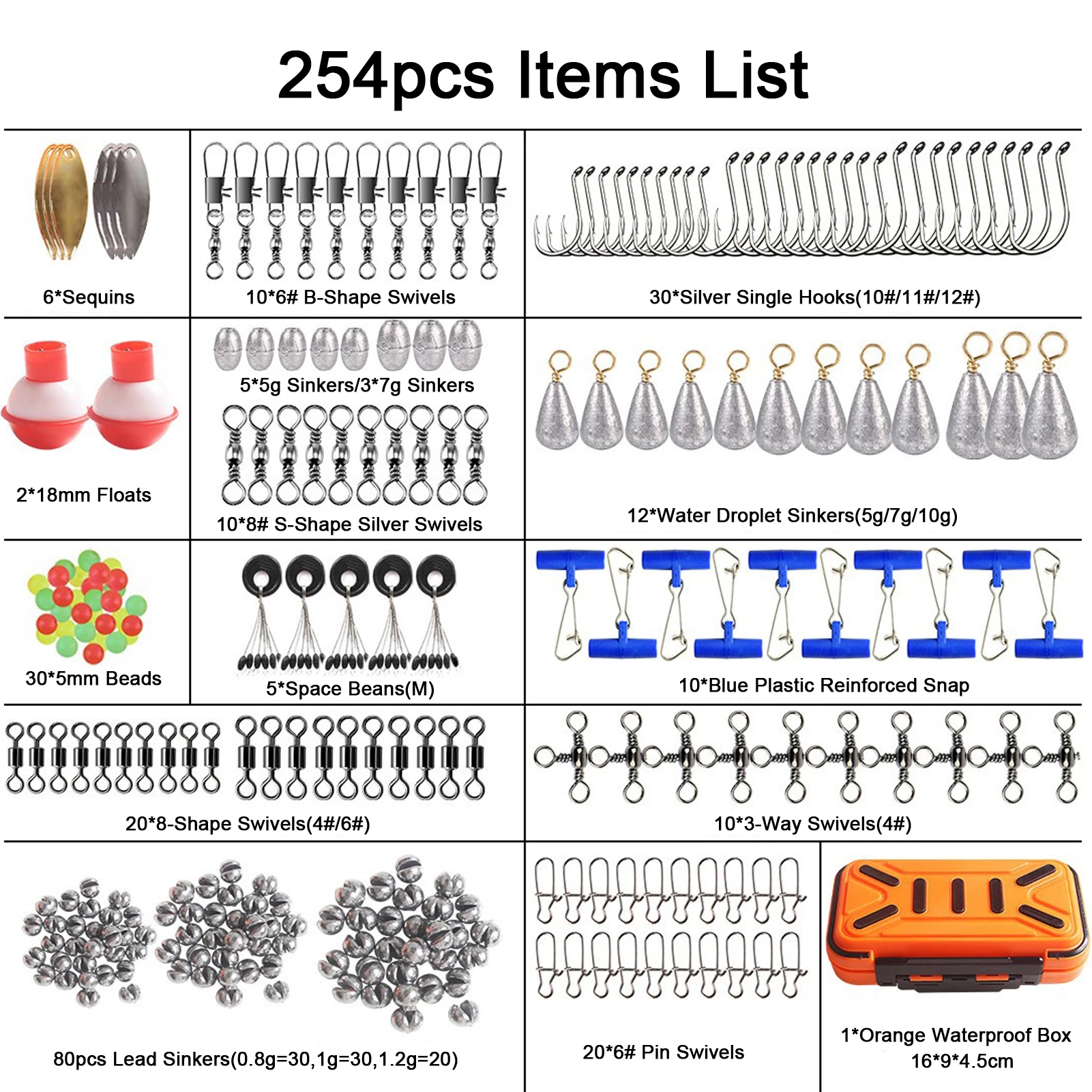 254pcs Fishing Accessories Kit with Box Hooks Fishing Weights Sinkers Spinners Blade Swivels Floats for Bass Trout Salmon Perch