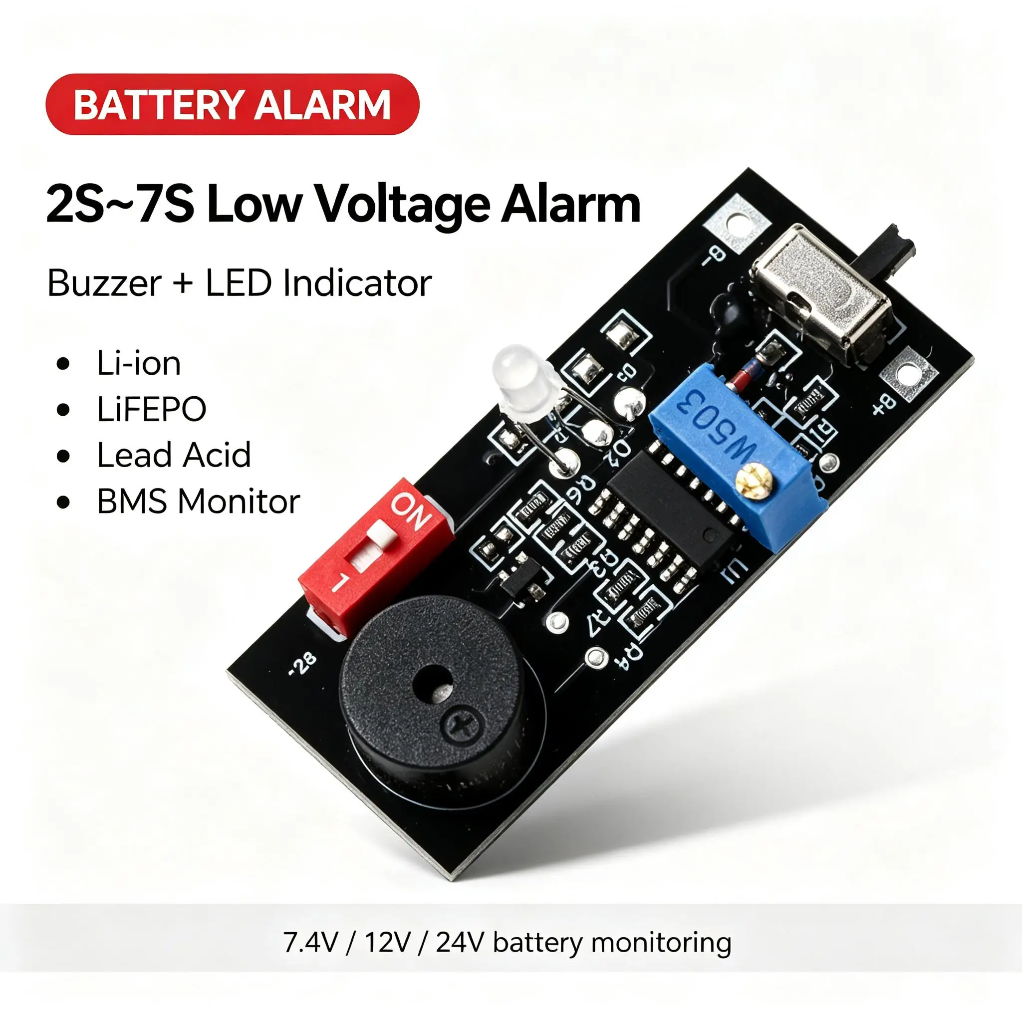 DYKB 2S~7S Lithium Battery Low Voltage Alarm Buzzer W LED Indicator 7.4V 12V 24V 3S 4S 5S 6S BMS Li-ion LiFePO Lead Acid Monitor
