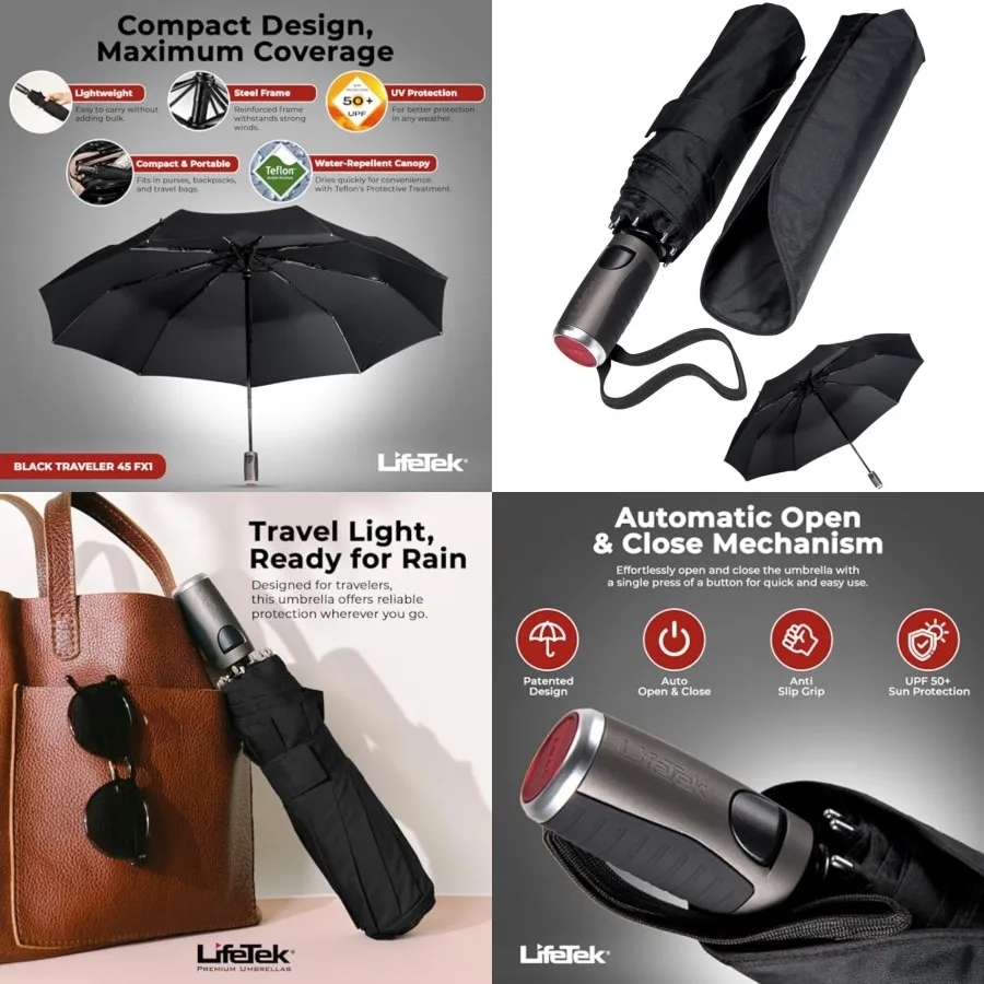 

Premium Travel Umbrella - Wdproof Compact for Men Women, Automatic Open Close, Fits Purse Laptop Bag or Backpack, Strong Frame