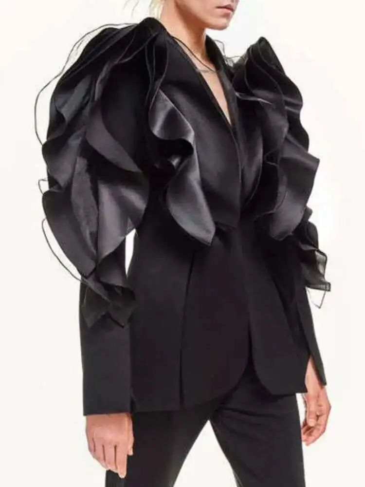 KWTX Blazer con design a volant in rete Giacche da donna con vestibilità in vita raccolta Marea Cappotti femminili Temperamento Abbigliamento 2025 Primavera Nuovo