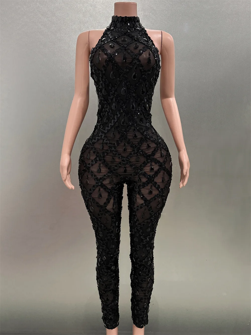 Frauen Schwarz Bodycon Overalls Hohe Dehnbare Pailletten Plaid Strass Abend Club Kleid Gogo Nachtwäsche Bühne Kostüme