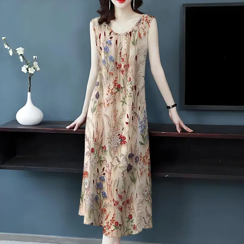 Damen Ärmelloses Maxikleid mit Blumenmuster, Locker Geschnitten, Rundhalsausschnitt, Lässig, Täglich Tragbar, Leichtes Sommer-Midikleid, Vintage Botanisches Muster