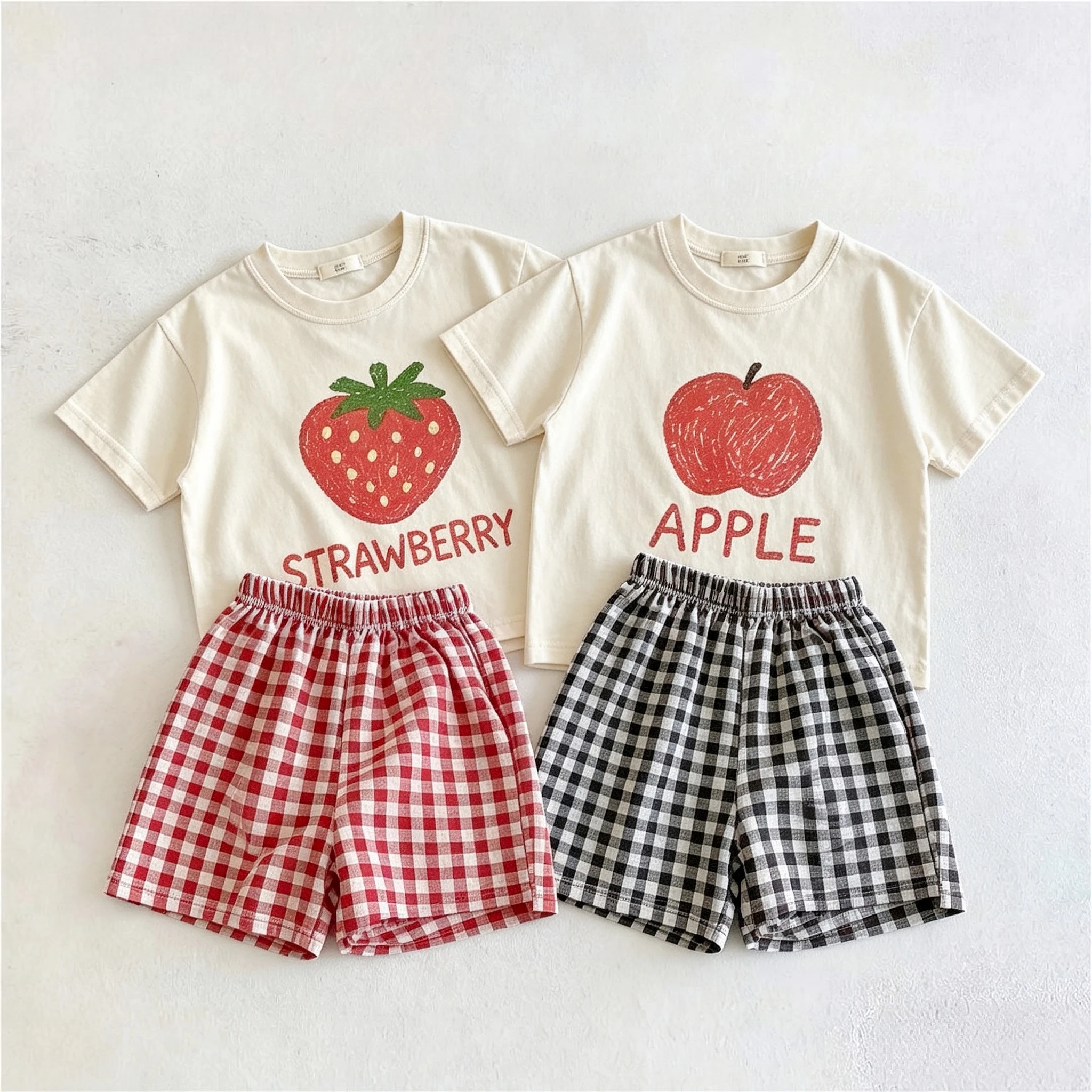 Fruit T-shirt + Plaid Shorts Two Piece Set Summer Children's Clothes Simple Fashion Casual Kids Tracksuits Baby Short Sleeve Set