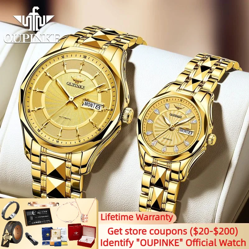 

OUPINKE Japan Movement Mechanical Couple Watch For Men Women Swiss Certification Diamond Tungsten Steel Automatic Couple Watches