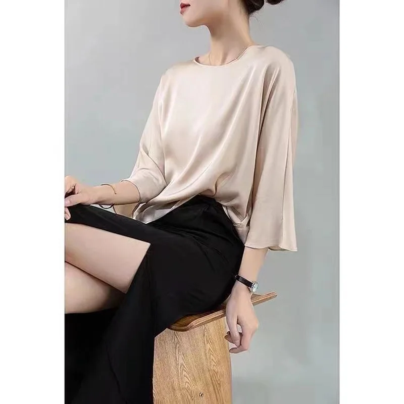 Elegant O-Neck Solid Color All-match Satin Blouse Women\'s Clothing 2023 Summer New Casual Pullovers Tops Loose Office Lady Shirt