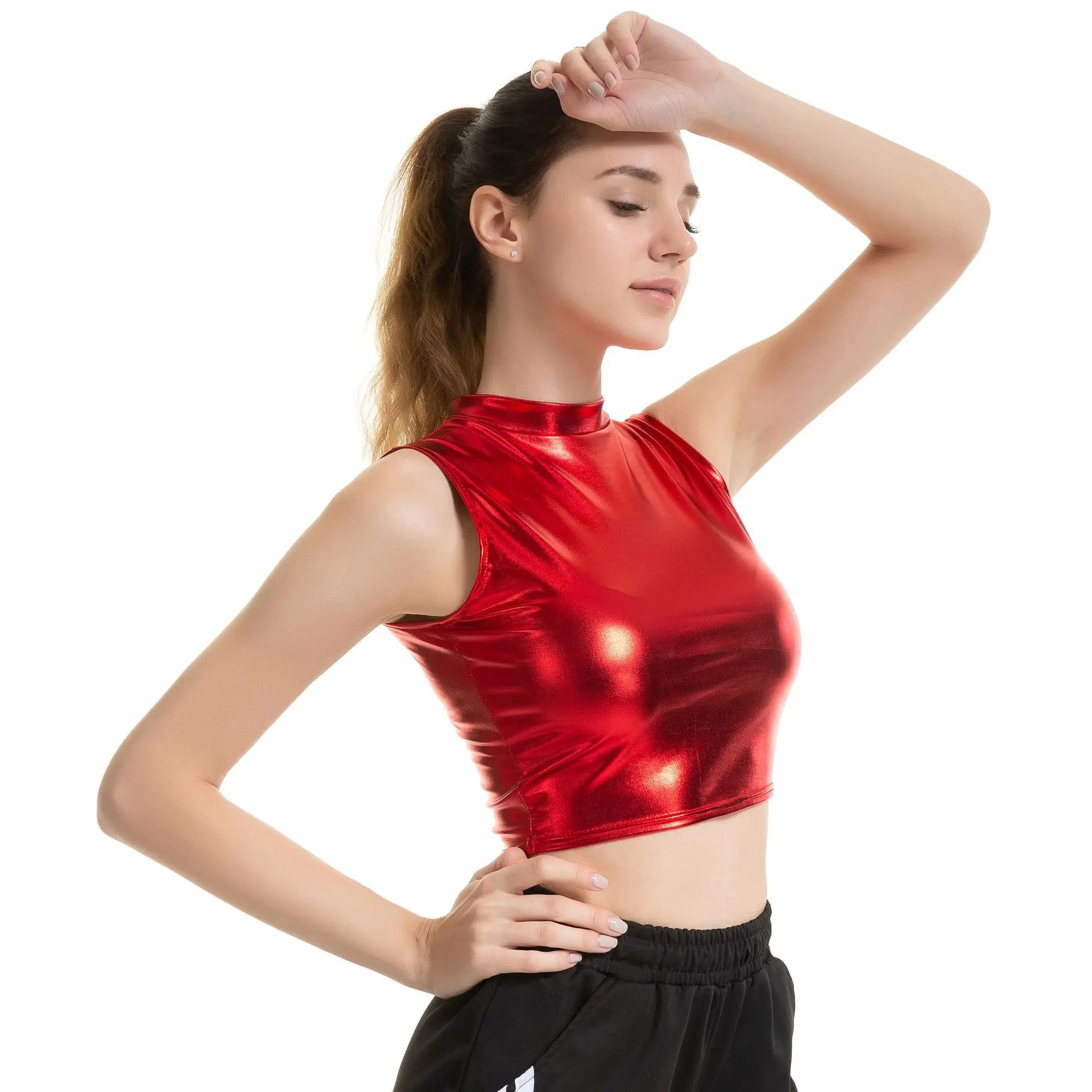 Womens Shiny Metallic Patent Leather Sleeveless Mock Neck Crop Tank Tops Camisole Night Club Party Rave Dance Costume Clubwear - view 5