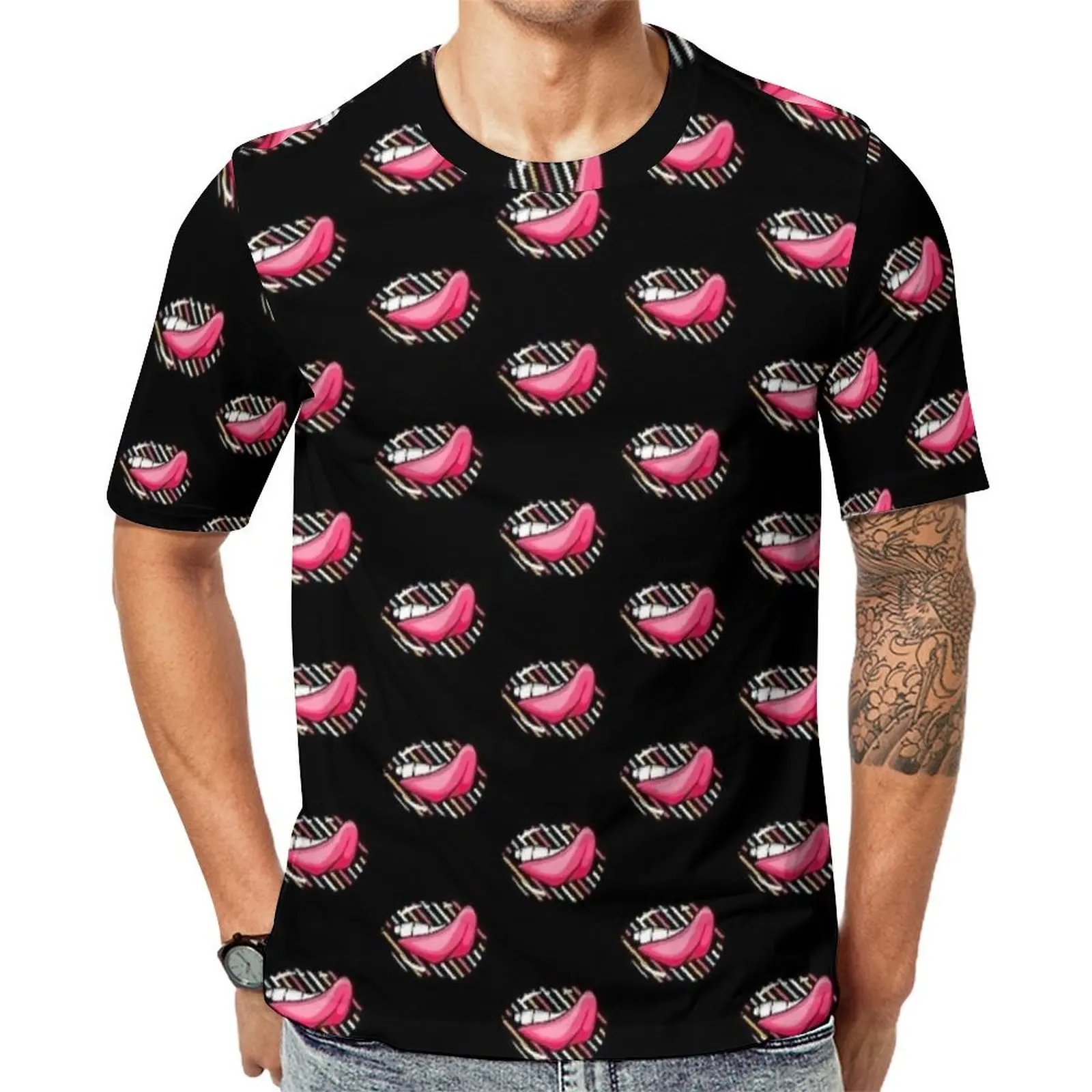 Male Abstract Stripes Lips  with Pink Tongue T-Shirt Harajuku T Shirts Short Sleeves Custom Tops Hot Sale Summer Oversized Tops