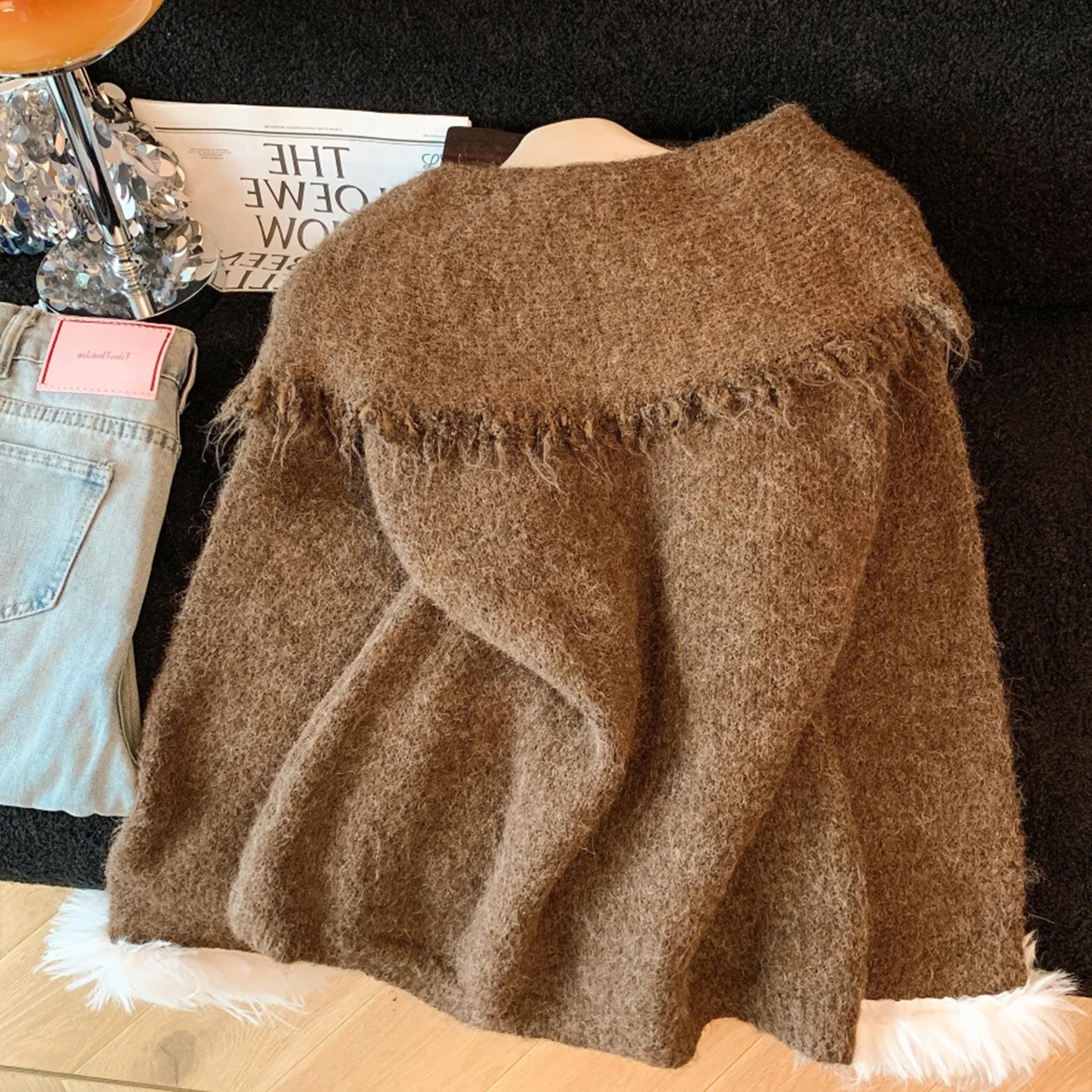 سترة نسائية بلون واحد بكتف واحد بلوفر على شكل فراشة بأكمام طويلة لخريف وشتاء 2025 على الطراز الكوري بلوزة فضفاضة #4