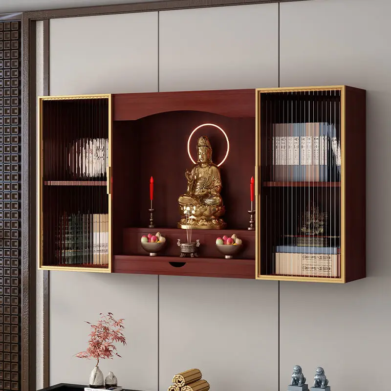 Solid wood wall-mounted shrine cabinet, God of Wealth Guanyin shrine, household wall shrine display rack