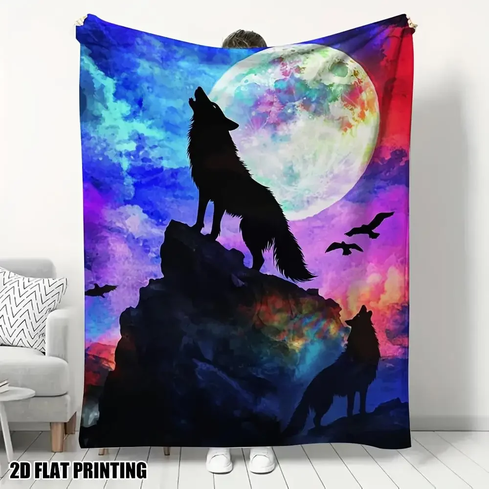1pc Twin Size Wolf & Moon Night Sky Blanket - Black & Blue Wolf Pack Howling at Full Moon Print, Plush Soft Flannel Bedding