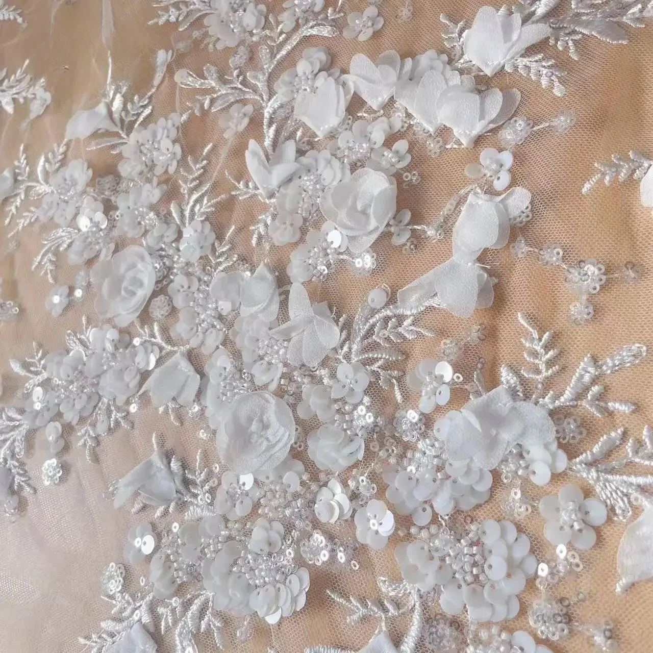 -White 3D Chiffon Flowers Beaded Sequins Embroidered Lace Fabric . Wedding Dress Shining Bride Fabric Decoration Accessories