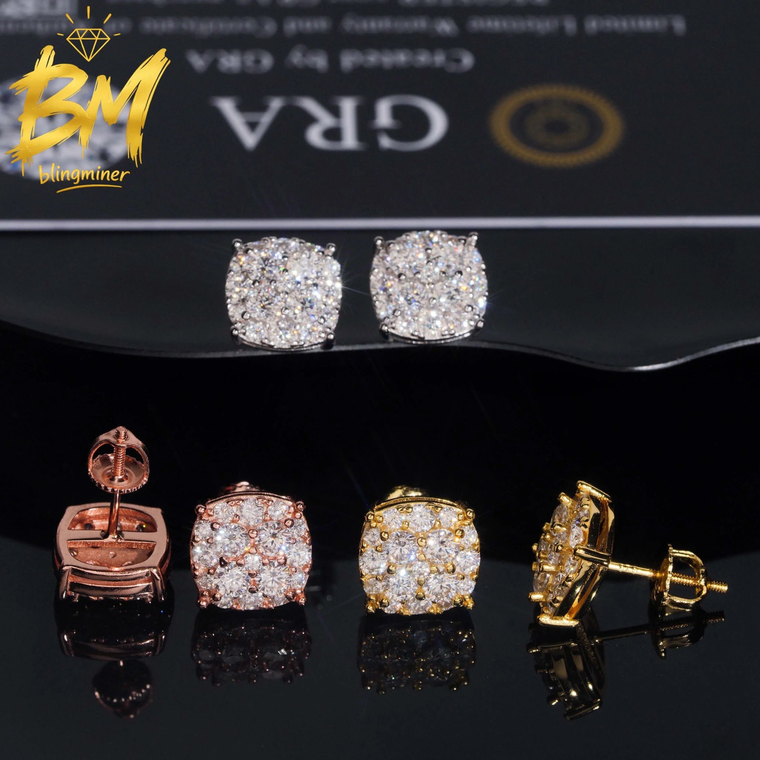 

Blingminer 10mm Round VVS Moissanite Earrings For Men Women S925 Silver Ear Studs Jewelry Pass Diamonds Tester GRA Free Shipping