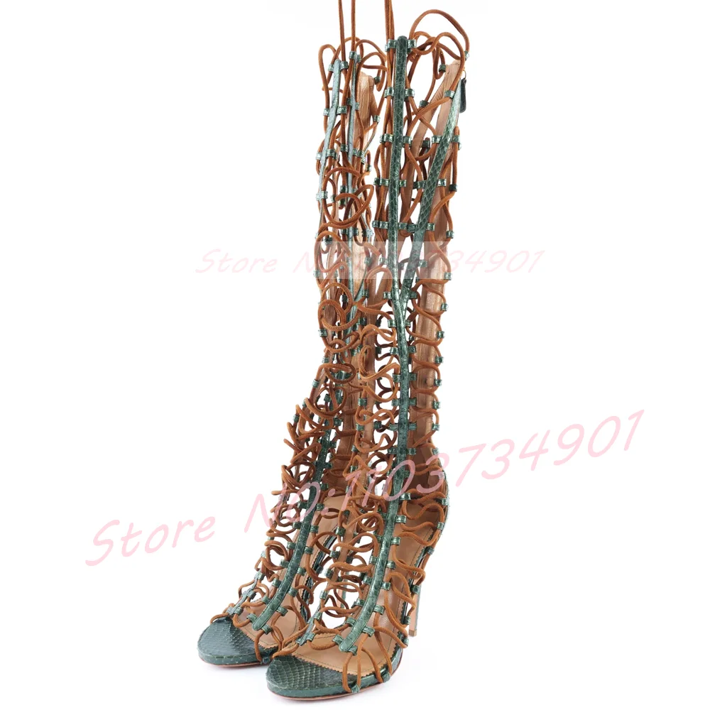 Cross Tied Gladiator Stiletto Sandals Women Fish-Scale Pattern Cutout Rope Strap Open Toe Runway Street High Heels Sandals