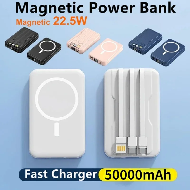 

50000mAh Wireless Magnetic Power Bank Portable Powerbank Type C Fast Charger Built in Cable For iPhone 14 13 Xiaomi Battery Pack