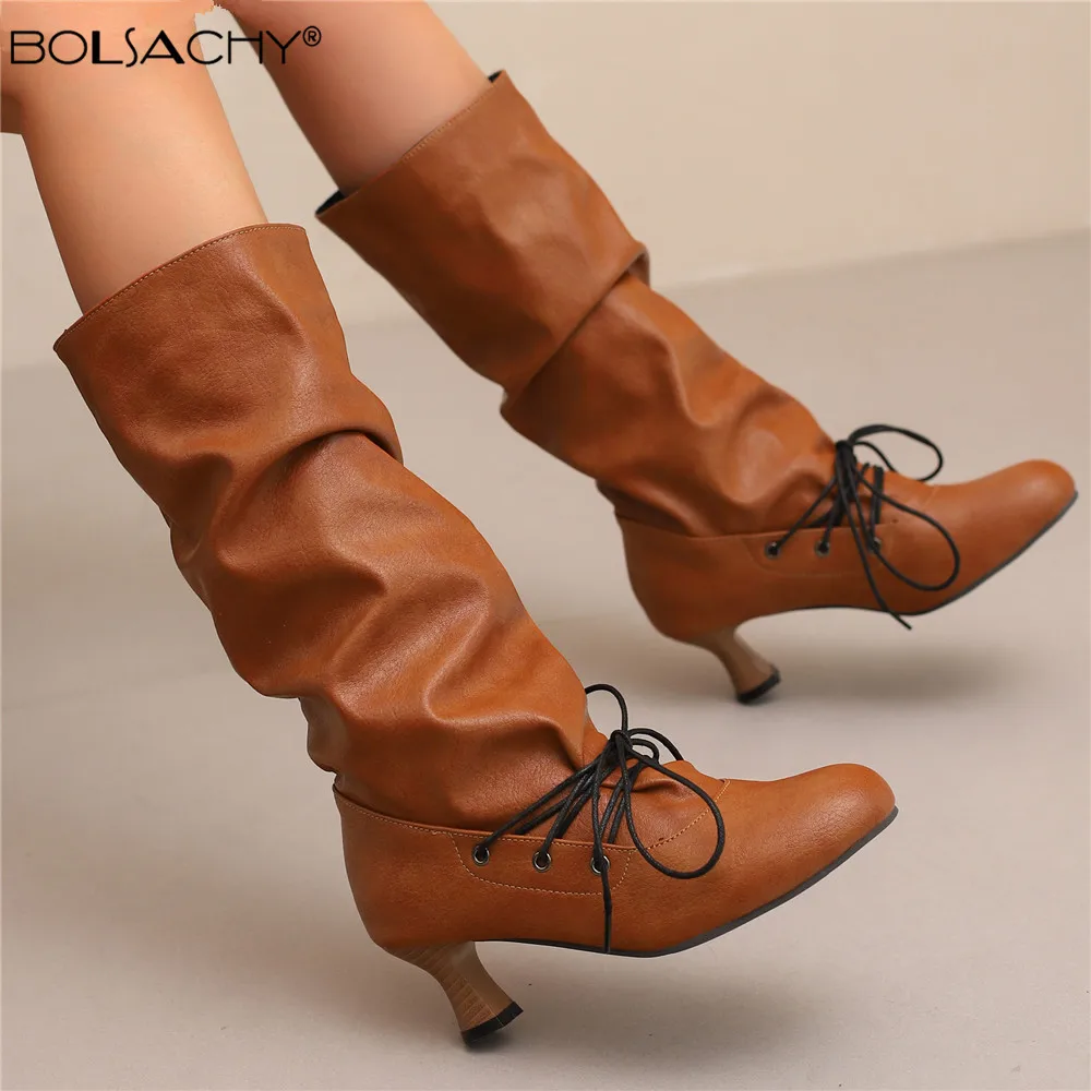 Women's Autumn Winter Pleated Knee-High Boots Pointed Toe Stilettos Lace-Up High-Top Sexy Shoes for 34-50 Size Range