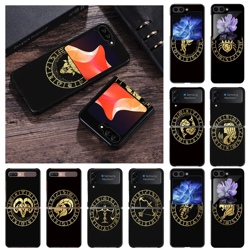 Black Matte Phone Case For Samsung Galaxy Z Flip6 Flip 6 5 4 Flip3 Flip4 Flip5 5G 12 Zodiac Signs Pisces Aries Hard Shell Cover