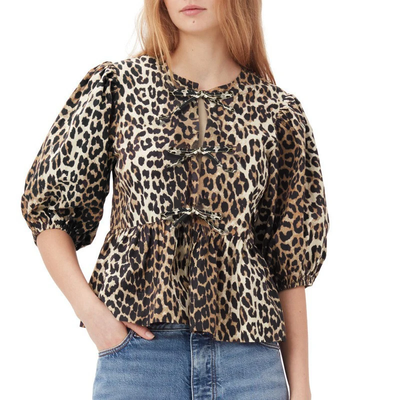 2024 Summer Women\'s New Classic Vintage Round Neck Tie Shirt Sexy Hottie Black White Leopard Puffy Sleeve Comfortable Casual Top