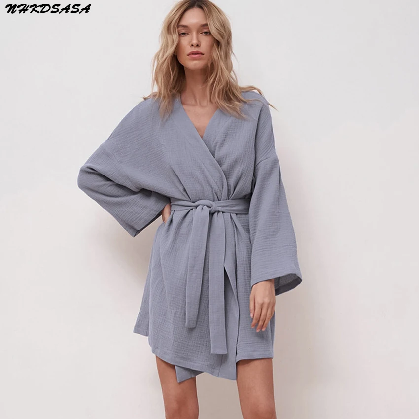 NHKDSASA Light Robes For Coverage Long Sleeve Cotton Robe With Sashes Grey Dresses Bathrobe Female Dressing  Weeding Gown