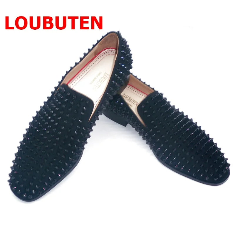 

LOUBUTEN Italian Black Suede Shoes Men Spikes Loafers High Quality Slip On Leather Casual Shoes Men's Party And Prom Shoes