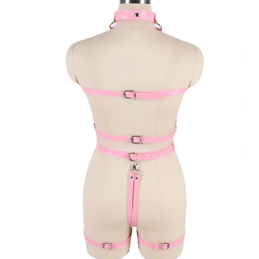 BONDAGE STRAPPY Full Body Harness Leather Women Lingerie Chain Rivet Top Cage Bra Punk Goth Pink Rave Adjustable Garter Belt