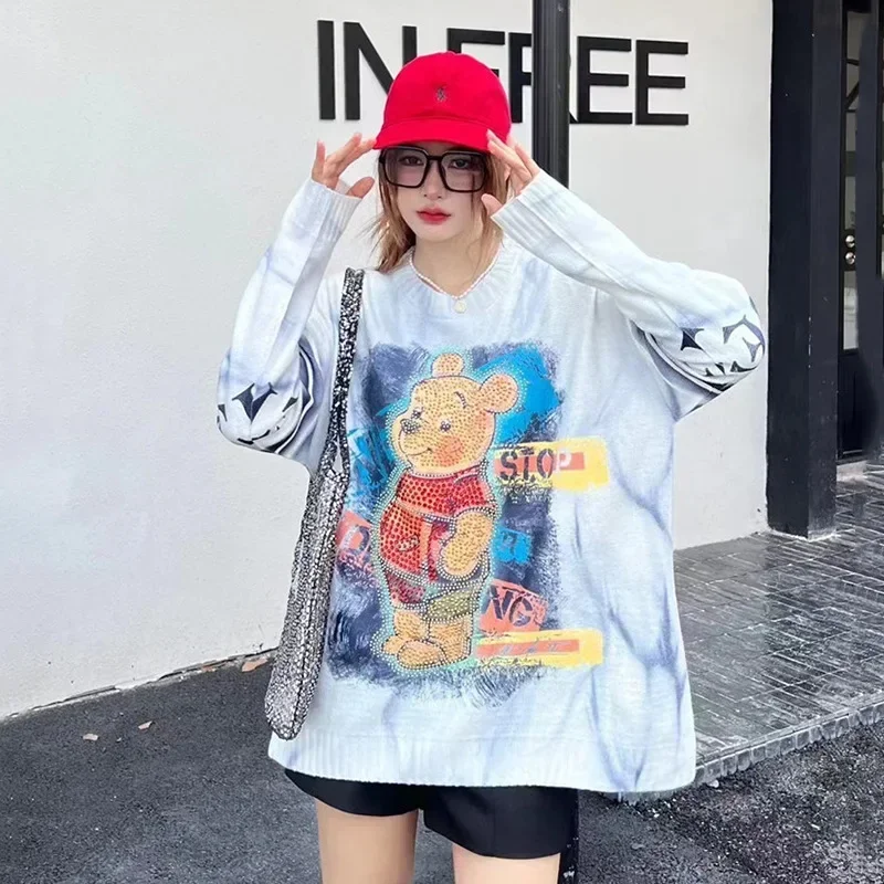 Fall Winter College Style Bear Knitted Sweater Women Heavy Industry Diamond Loose Round Neck Pullover Long Sleeve Knitted Top