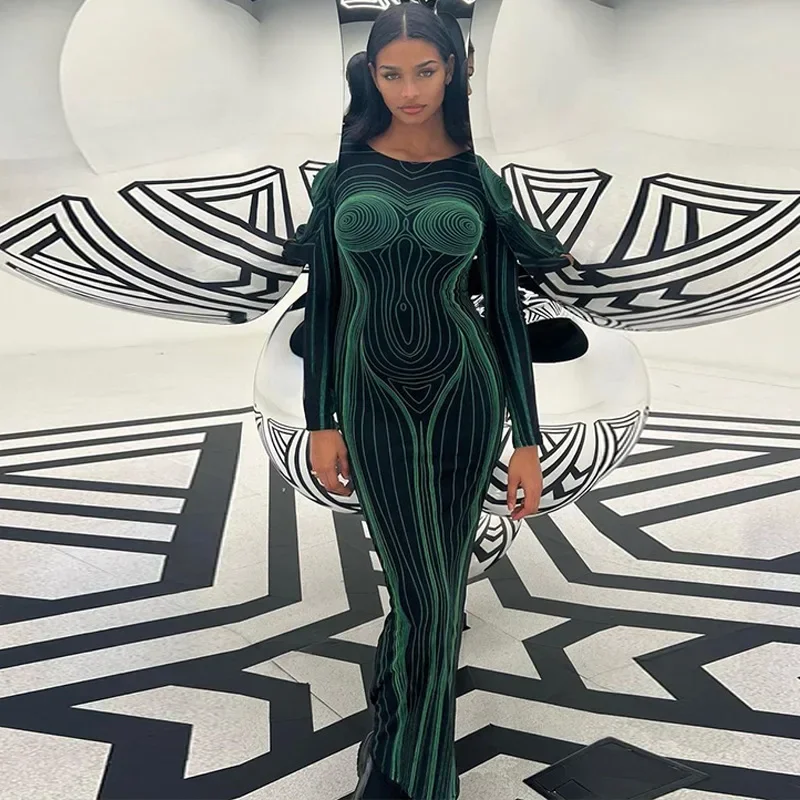 Striped Print Backless Long Sleeve Maxi Bodycon Dress 2024 Spring Autumn Women Sexy O Neck Skinny Long Dress Club Party