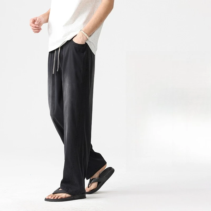 High Quality Summer Thin Lyocell Fabric Denim Men's Jeans Loose Straight Leg Elastic Waist Trousers Male Brand Clothing M-4XL