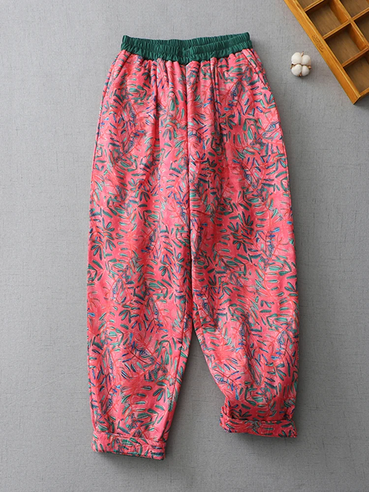 

Vintage Flower Printed Women Cotton Pants 2024 New Winter Trousers Casual Loose Age-Reduced Harem Pants Quilted Wide Leg Pants