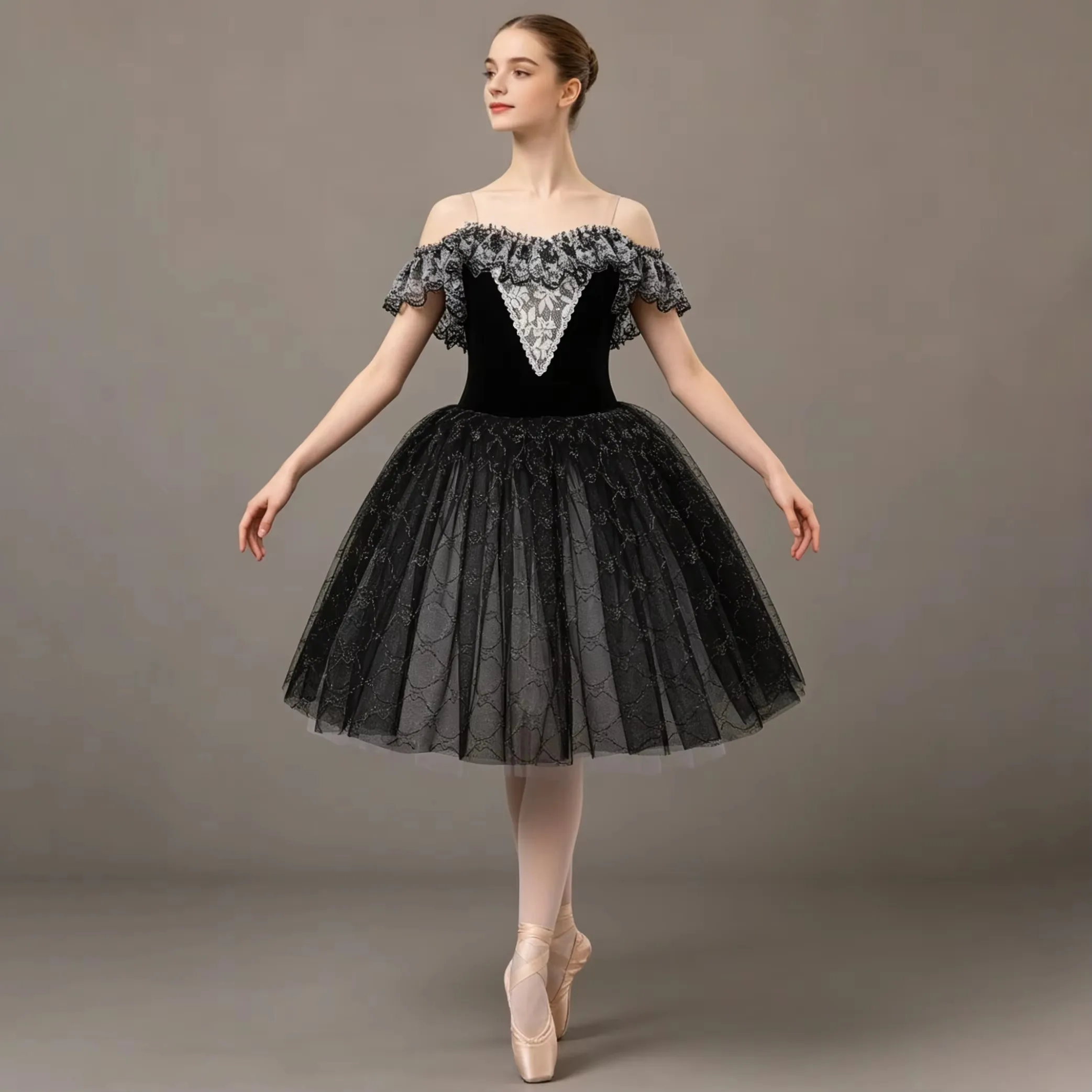 Girls Ballet Dress Black Lace Applique Velvet Dance Costume Glitter Tulle Ballet Dance Costumes Girls Kids