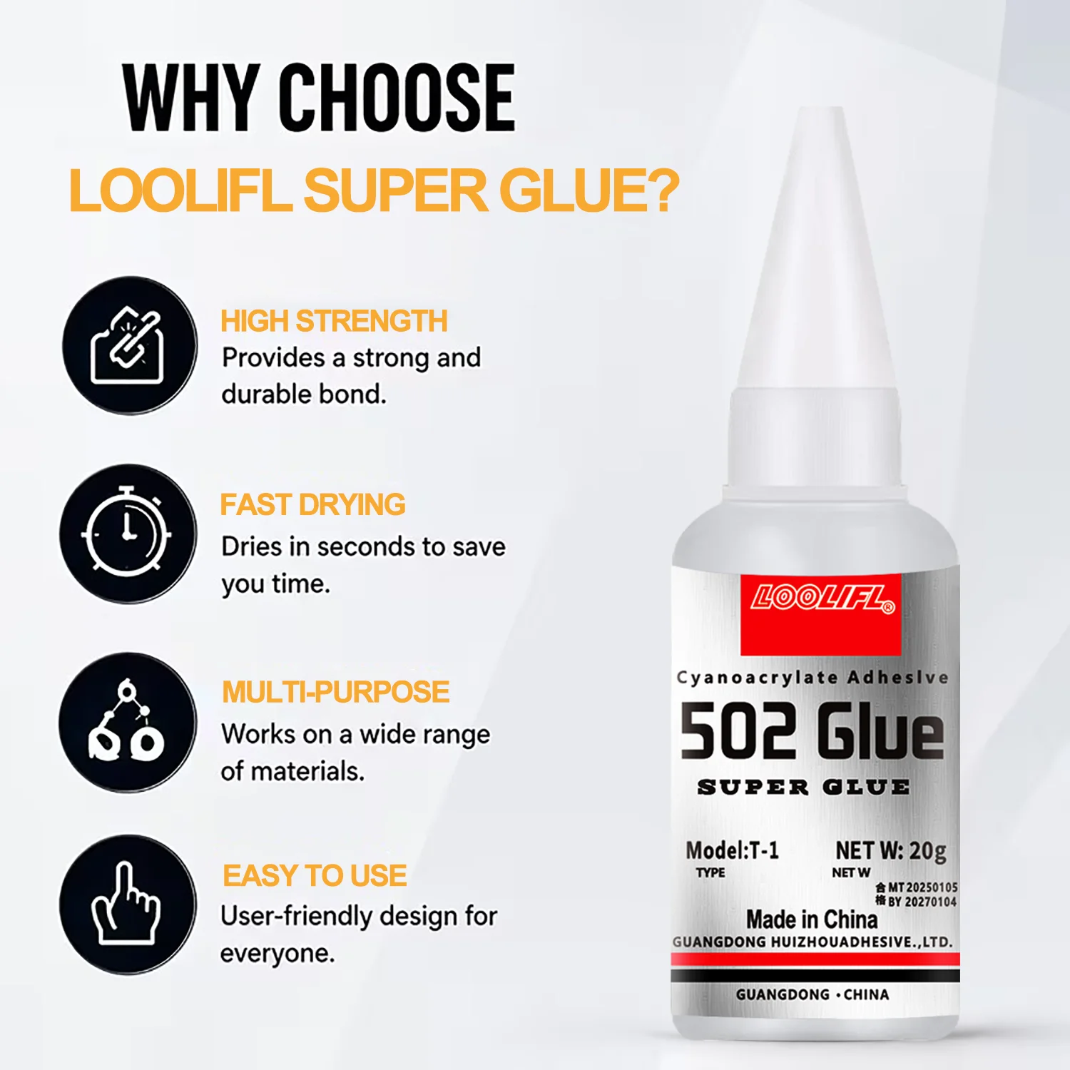 Loolifl 502 Strong Adhesive, 20g Transparent Cyanoacrylate Instant Adhesive, High Viscosity Transparent Quick-Drying Glue, Suitable for Wood, Plastic, Metal, Ceramics, DIY Crafts, and Household Repairs