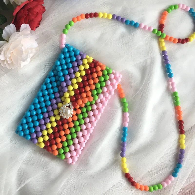 

Women's Fashion Ins Rainbow Splicing Casual Versatile Mobile Phone Bags Colorful Striped Beaded Woven Crossbody Bag Bolso Mujer