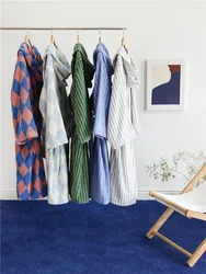 Retro Diamond Cotton Bathrobe Yarn Dyed  Kids Button Cloak Beach Wearable Bathrobe Adult Bathroom Absorbent Bathrobe Towel