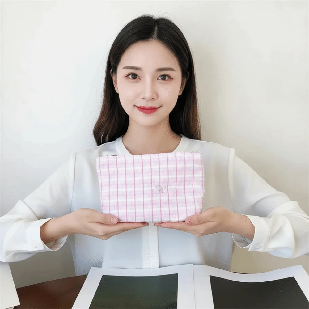 Classic Stripes Makeup Pouch Soft Canvas Embroidered Pattern Cosmetic Organizer Washable Cotton Smooth Zipper Toiletry Bag