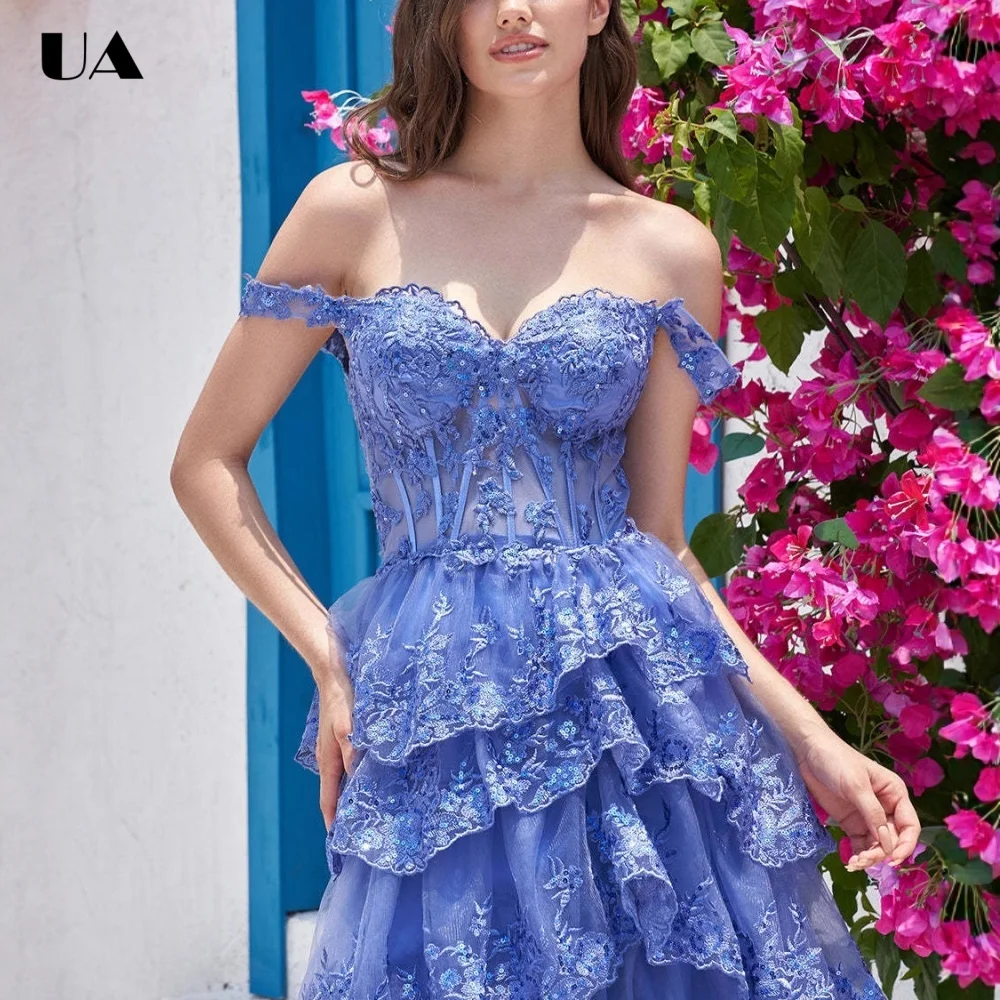 

ULBYANRY Customized Mesh Off-the-shoulder Tiered Evening Dress for Woman, Sparkly Sequins Party Dress, Trendy Backless Ball Gown