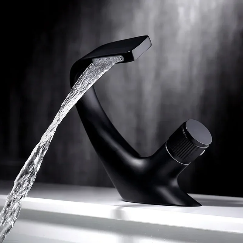 

Waterfall Bathroom Mixer Tap Brass Matt Black/Chrome Washbasin Faucet Knurling Handle Single Hole Deck Mounted