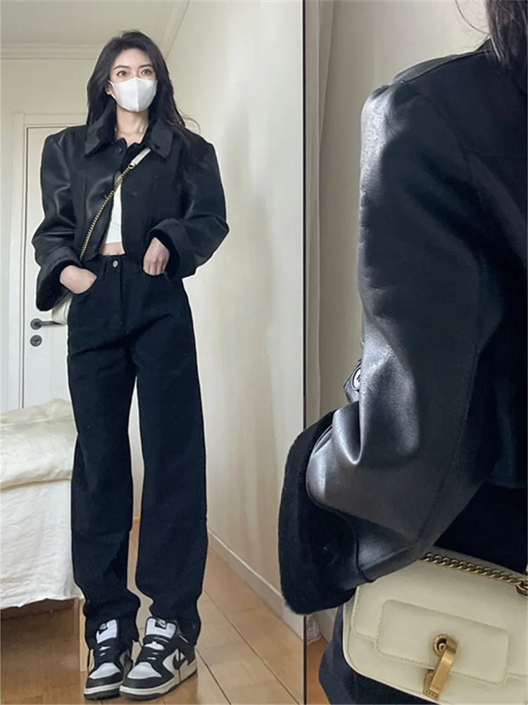 

American Vibe Retro Black Straight Leg Jeans Women's High Waist Slim Fit Extended Long Floor Length Trousers