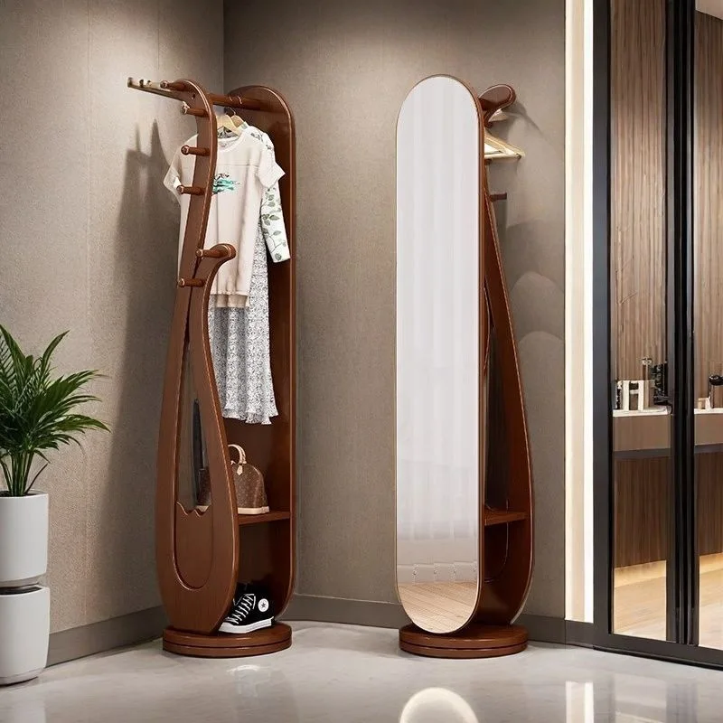 

Solid wood full-length mirror two-in-one multi-functional full-body mirror coat rack hanging hanger floor-to-ceiling rotatable
