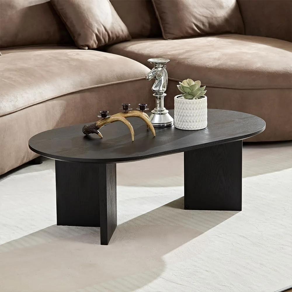 

39.37 Oval Wooden Coffee Table, Modern Wood Center Table with Sturdy Pedestal for Living Room, Accent Side Table