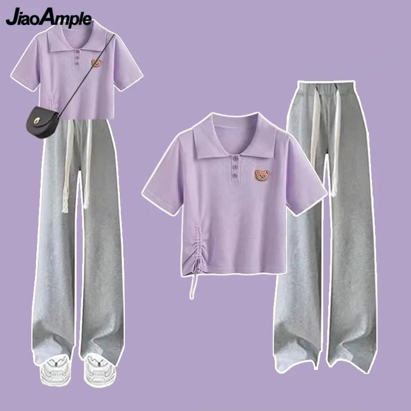 Conjunto feminino curto polo roxo e calças compridas, tops bonitos de urso, roupas estilo coreano, estilo Lady Preppy, conjunto de 1 ou 2 peças, verão